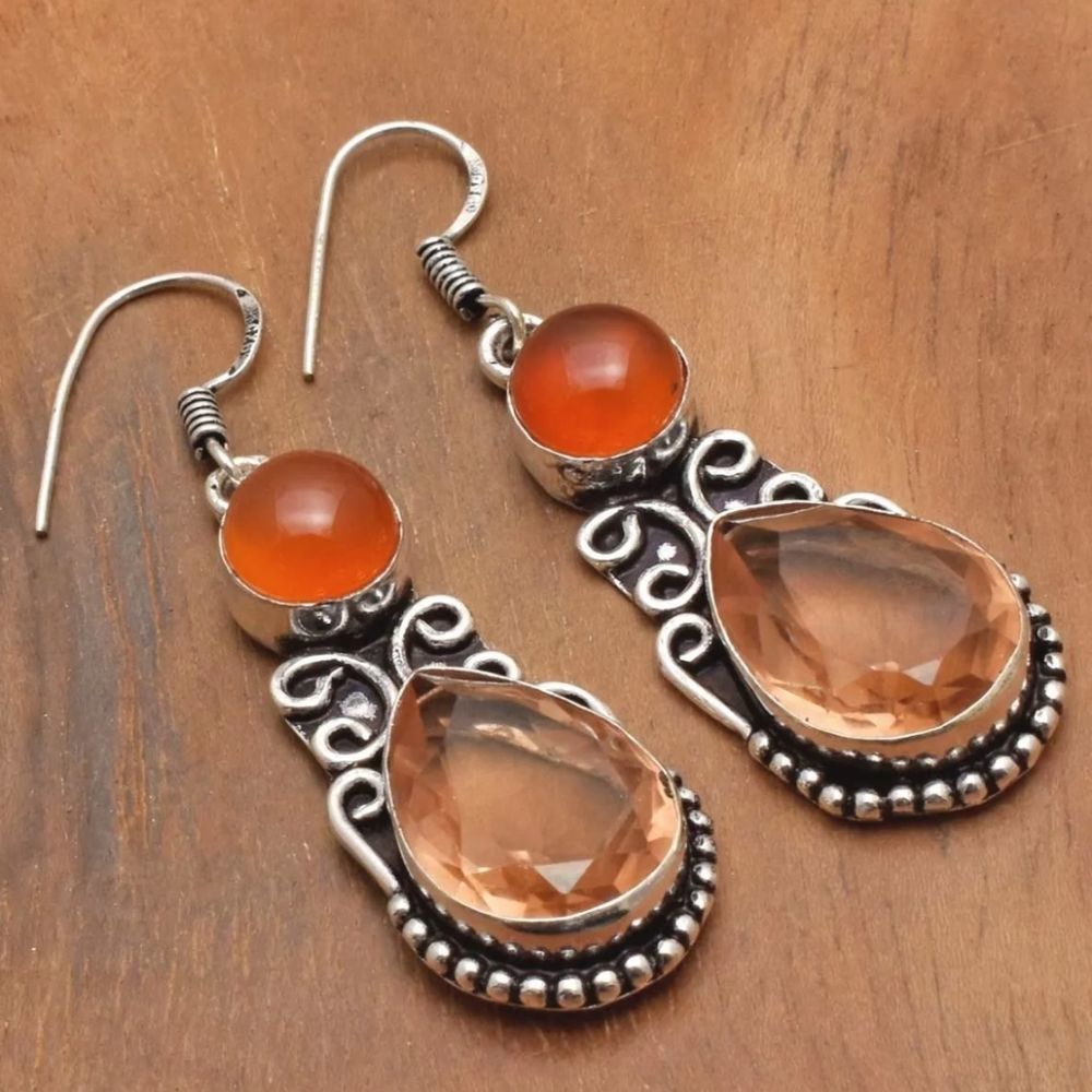 Morganite Carnelian Handmade Drop Dangle Earrings Jewelry 2.2"
